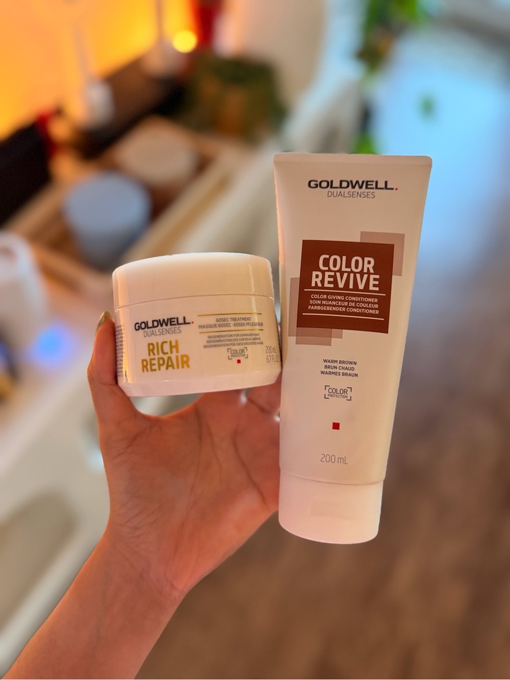 Goldwell Color Revive conditioner in warm brown & Rich Repair hair mask duo